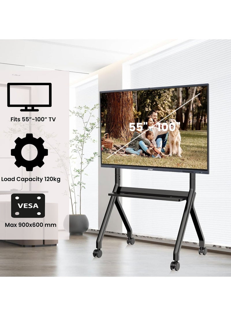 بيتيك حامل تلفزيون متحرك قوي التحمل للشاشات المسطحة من 55 إلى 100 بوصة، يتحمل وزنًا أقصى 120 كجم، ارتفاع قابل للتعديل من 1155 إلى 1525 مم، مزود برف AV وعجلات قابلة للقفل، متوافق مع VESA 900×600 مم، لون أسود – FD580 - Image 2